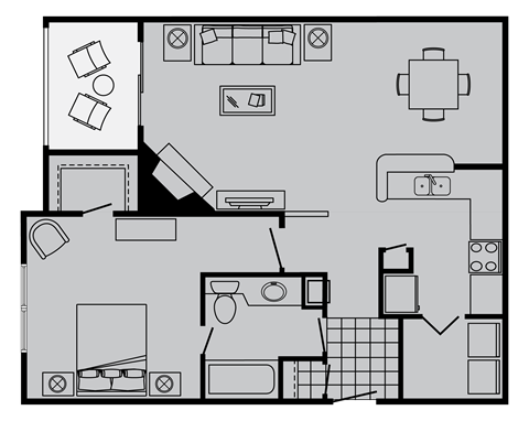 Floor plan for 1 bed, 1 bath, 861 sqft